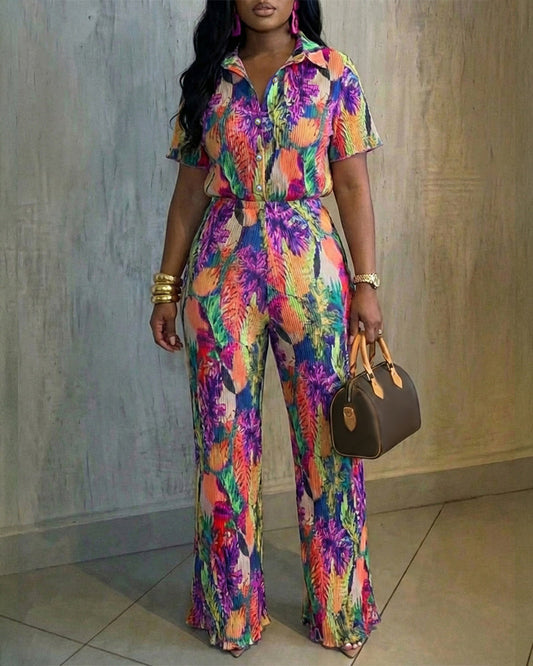 Women's Tropical Print Pleated Two-Piece Set Short Sleeve Button-Down Shirt and High-Waist Wide-Leg Pants Casual Vacation Outfit
