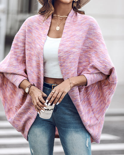 Colorful Waffle Knit Open Front Coat Batwing Long Sleeve Cardigan