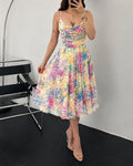 Women's Oil Painting Floral Mesh Midi Dress Sexy Cowl Neck Cami Dress High Waisted Ruched Backless A Line Sundress