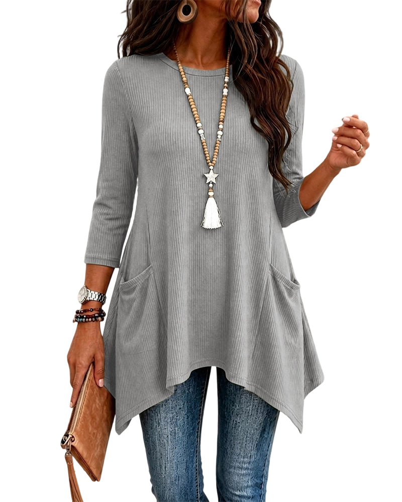 CHICMELIVE Womens 3/4 Sleeve Ribbed Tunic Asymmetrical Hem Loose Top