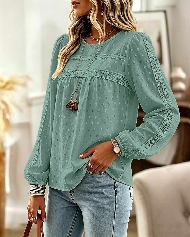 Women's Hollow-Out Lace Spliced Lantern Sleeve Top Elegant 3D Jacquard Chiffon Blouse for Work and Daily Wear