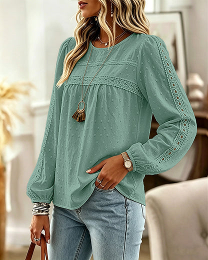 Women's Hollow-Out Lace Spliced Lantern Sleeve Top Elegant 3D Jacquard Chiffon Blouse for Work and Daily Wear