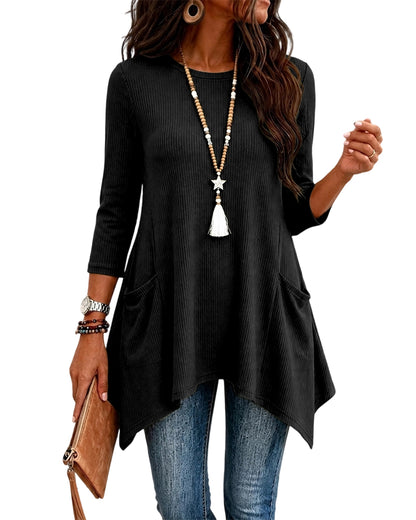 CHICMELIVE Womens 3/4 Sleeve Ribbed Tunic Asymmetrical Hem Loose Top