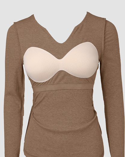 ChicMe Built-in Bra Notch Neck Long Sleeve Shirts Rib-Knit Ruched Waist Top