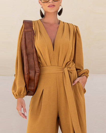 Deep V Neck 3D Design Tie Waist Ruched Overalls Casual Cinched Waist Zipper Back Textured Jumpsuit with Belt