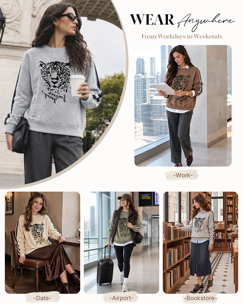 CHICMELIVE Women's Leopard Graphic Sweatshirt Crewneck Stripe Pullover Tops
