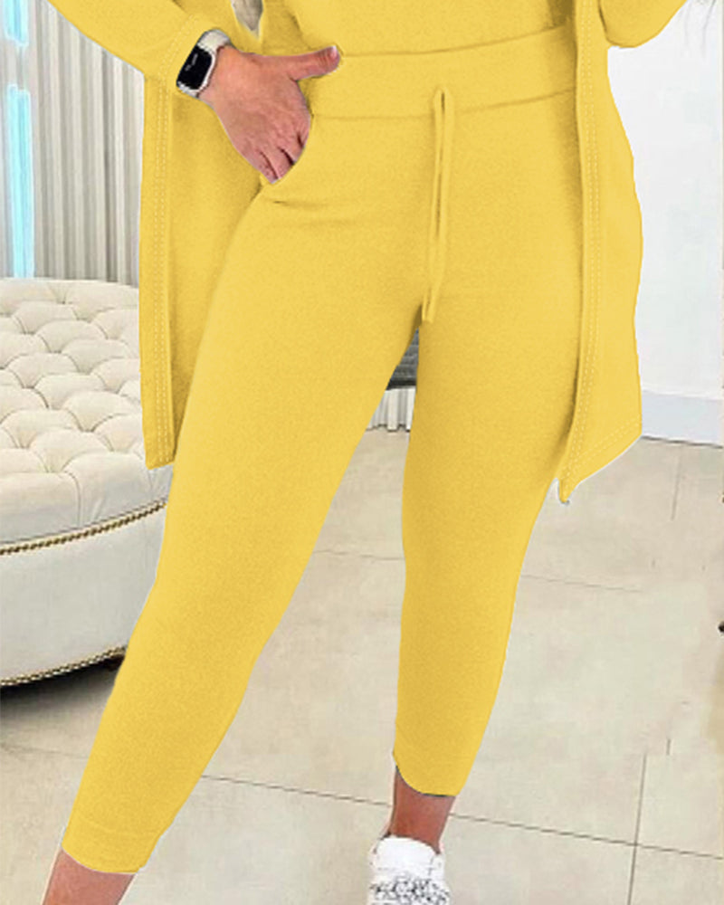 3 Piece Lounge Set Crewneck Sleeveless Tank Top Long Sleeve Open Front Coat Pants Sweatsuit