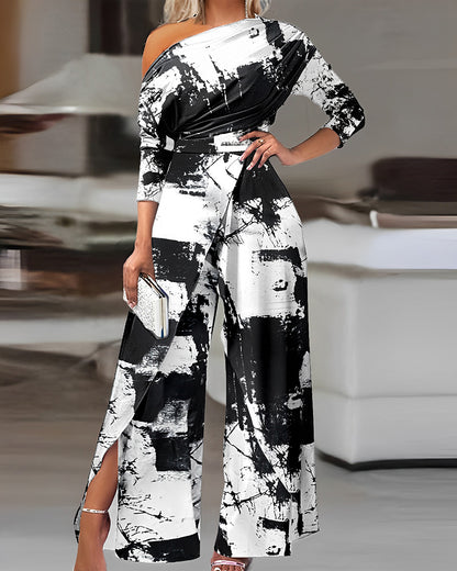 Tie Dye Print Skew Neck Wrapped Slit Wide Leg Jumpsuit