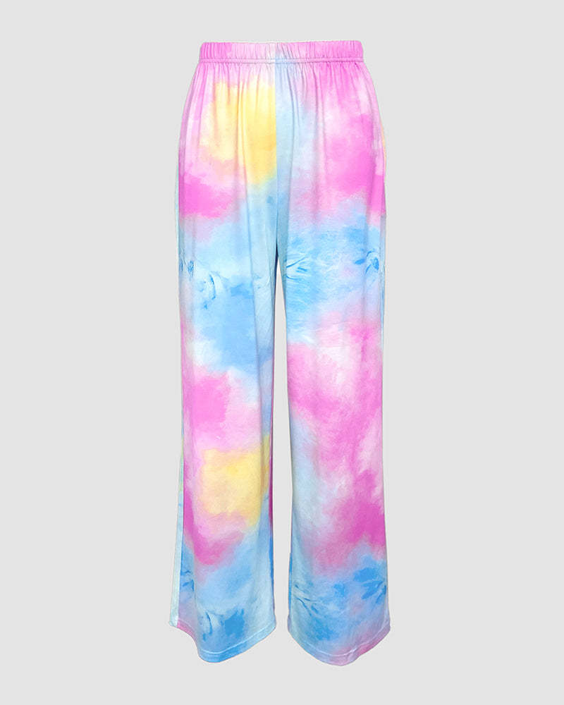 2 Pieces Outfit Tie Dye Print Short Sleeve Top and Elastic Waist Loose Fit Pants Set Casual Pajamas Set