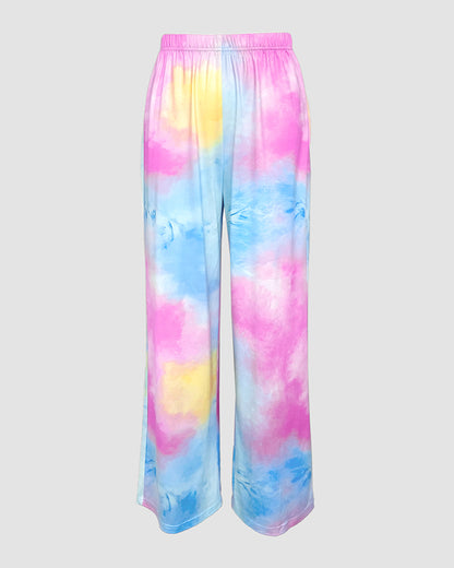 2 Pieces Outfit Tie Dye Print Short Sleeve Top and Elastic Waist Loose Fit Pants Set Casual Pajamas Set