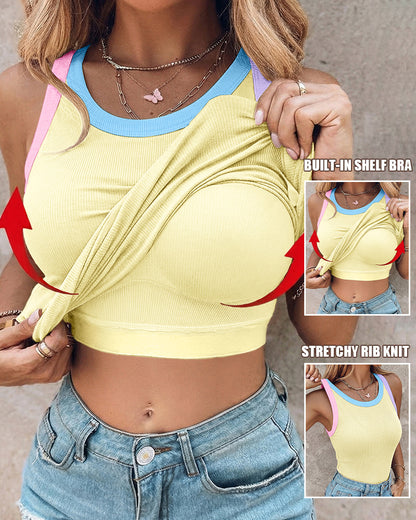 CHICMELIVE Womens Sleeveless Ribbed Built in Bra Tank Top-Lighted Blue-X-Large