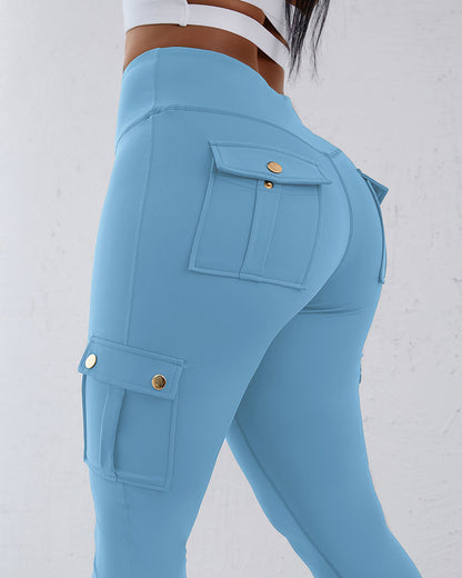 Butt Lifting Leggings with Flap Pockets High Waist Tummy Control Workout Cargo Pants