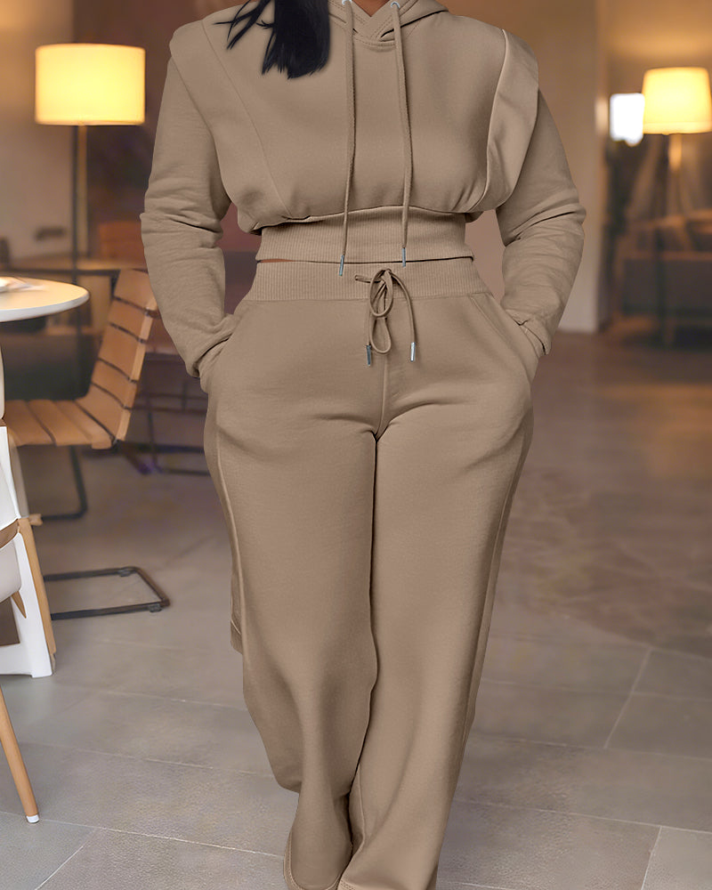 2-teiliges Outfit, langärmliges, kurzes Kapuzenpullover-Sweatshirt mit Kordelzug, Bündchen mit Daumenlöchern und lässigem Jogginghosen-Set mit Kordelzug und elastischer Taille mit weitem Bein 