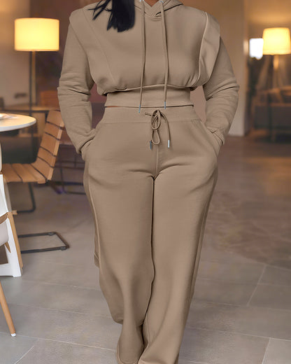 2-teiliges Outfit, langärmliges, kurzes Kapuzenpullover-Sweatshirt mit Kordelzug, Bündchen mit Daumenlöchern und lässigem Jogginghosen-Set mit Kordelzug und elastischer Taille mit weitem Bein 