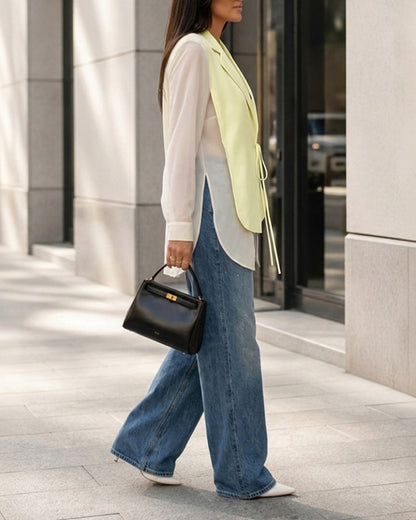 Women's Faux Two Piece Blazer Chiffon Patchwork Side Slit Tie Front Coat Asymmetric Hem Commute Outerwear