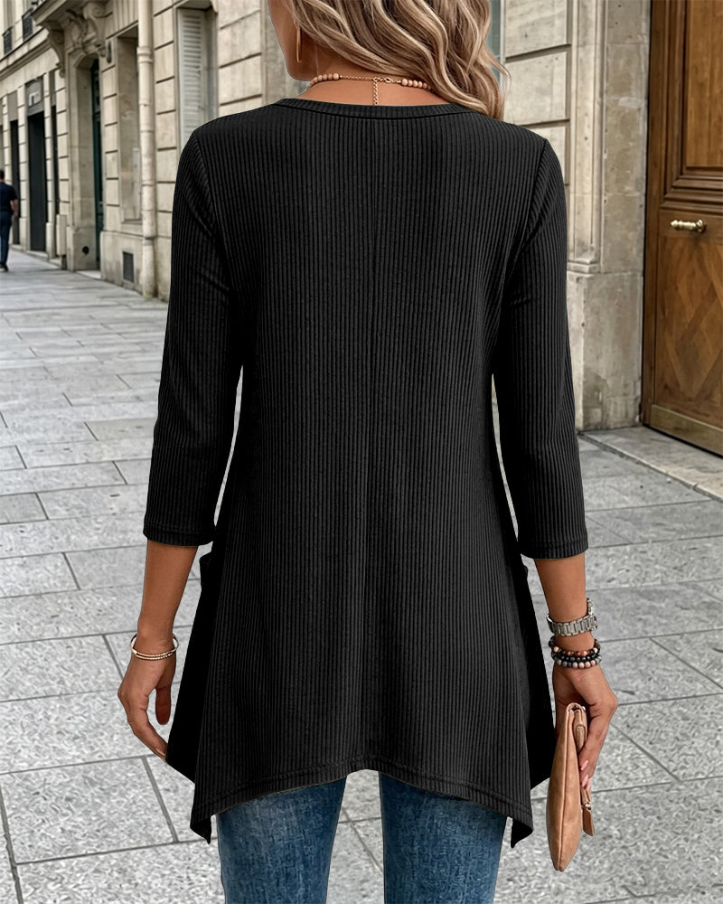 CHICMELIVE Womens 3/4 Sleeve Ribbed Tunic Asymmetrical Hem Loose Top
