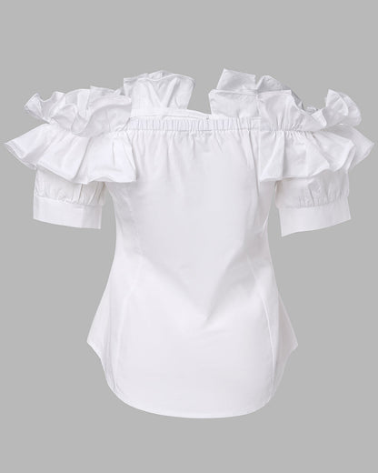 Ruffles Off Shoulder Short Sleeve Button Front Blouse Asymmetrical Hem Top