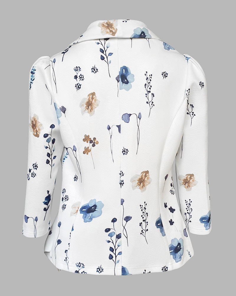 Floral Print Shawl Collar Three Quarters Sleeve Open Front Coat Casual Cinched Waist Flared Hem Blazer Coat