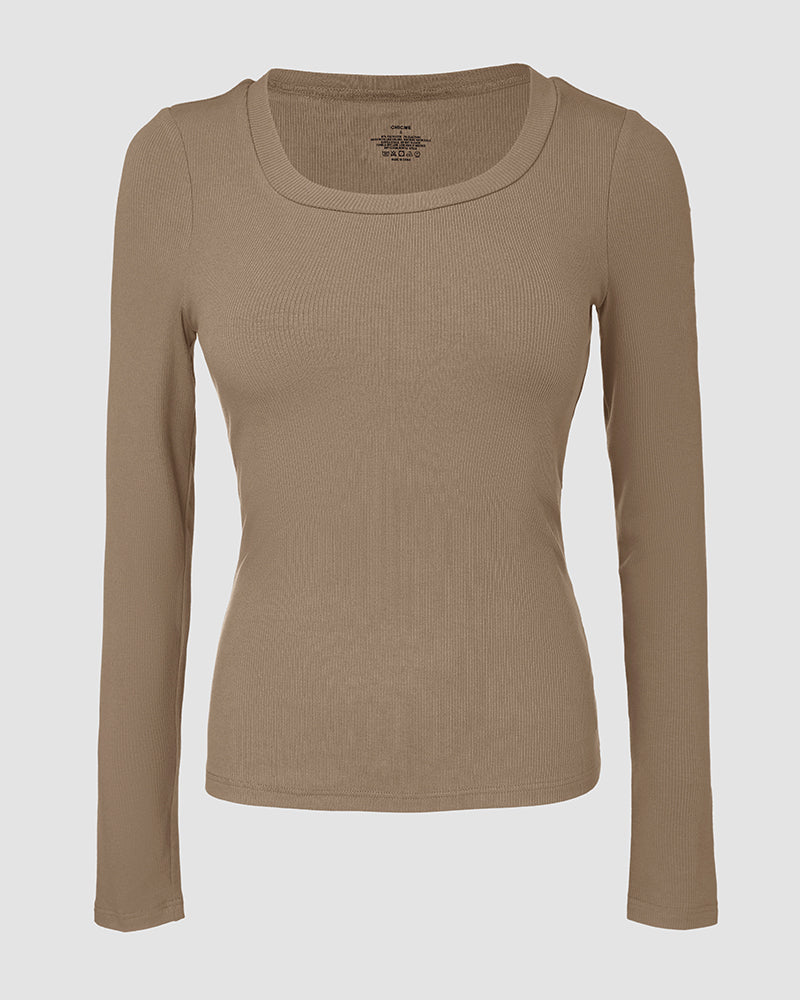 ChicMe Built-in Bra U-Neck Long Sleeve Ribbed Top