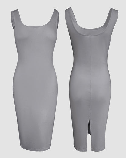 2 Pieces Outfit U-Neck Slit Back Slim Fit Knit Tank Dress and Pearl Button Front Baseball Coat Casual Ribbed Set