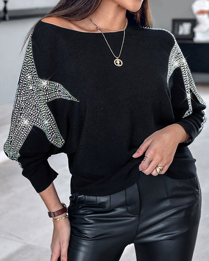 Pullover Knit Sweaters Crewneck Batwing Sleeve Rhinestone Star Pattern Top