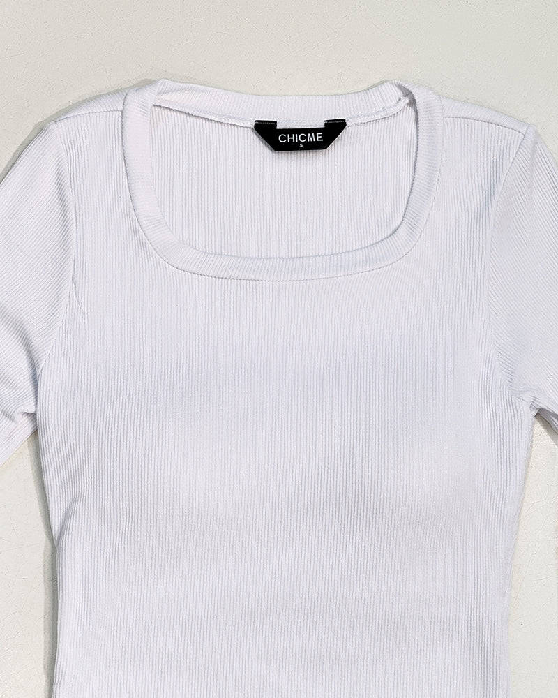 Built In Bra U Neck Tee High Stretchy Knit T-Shirt Long Sleeve Top