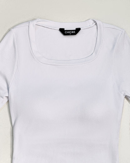 Built In Bra U Neck Tee High Stretchy Knit T-Shirt Long Sleeve Top