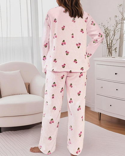 2 Pieces Outfit Floral Print Round Neck Drop Shoulder Top and Elastic Waist Pants Set Casual Ribbed Flannel Pajamas Set
