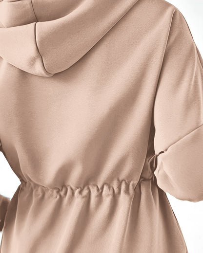 Long Sleeve Waist Drawstring Hooded Coat Casual Loose Fit Cardigan Jacket with Pockets