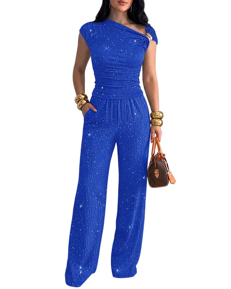 CHICMELIVE Women's Glitter 2 Piece Set One Shoulder Top Wide Leg Pants