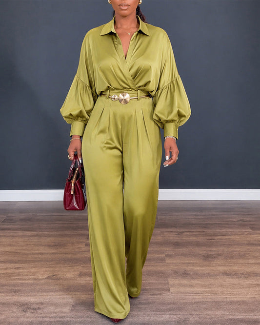 Women's Two Piece Satin Outfit Turn-down Collar Wrap Crop Shirt and Wide Leg Pants Set Elegant Matching Set
