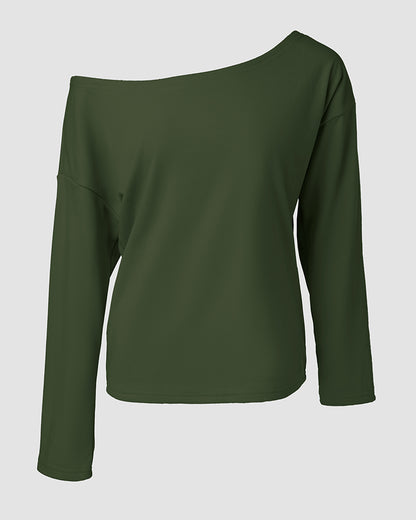 2 Pieces Outfit Long Sleeve Skew Neck Pullover Top and Drawstring Elastic Waist Slim Fit Pants Set