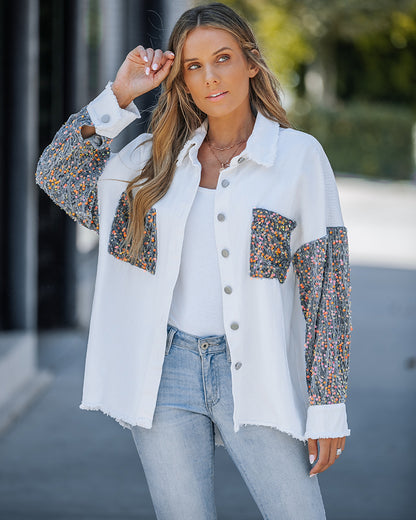 Casual Jacket Sequin Patchwork Long Sleeve Jacket Top Button Front Raw Hem Oversized Denim Shacket