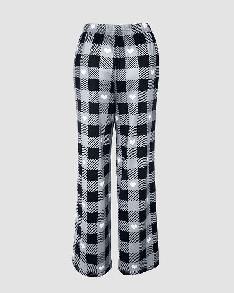 2 Pieces Outfit Cute Letter Print Short Sleeve T-shirt and Plaid Pants Set Loungewear
