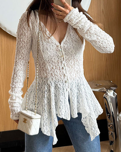 Lace Trim V Neck Button Front Blouse Elegant Asymmetrical Ruffle Hem Top