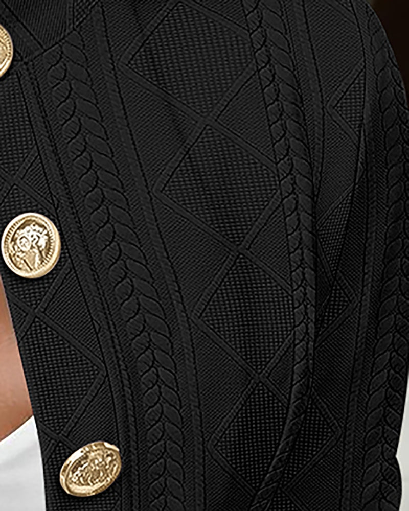 Metal Double Breasted Decor Stand Collar Argyle & Cable Textured Coat