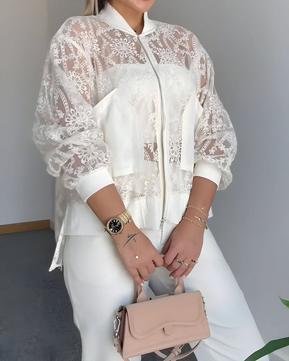 Floral Lace Embroidered Mesh Patchwork High-Low Hem Baseball Coat Casual Side Slit Zip Up Bomber Jacket