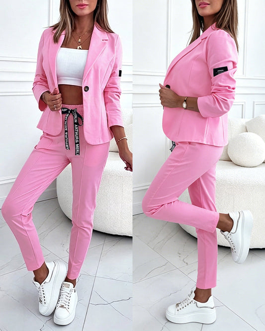 Women's 2 Piece Outfits Single Breasted Blazer and Tapered Pants Set Casual Commuting Set with Pockets