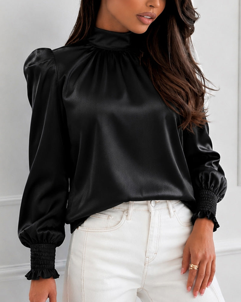 Women's Satin Blouse Mock Neck Puff Sleeve Shirt Back Tie Bow Elegant Ruched Shirt Shirred Frill Cuff Work Top
