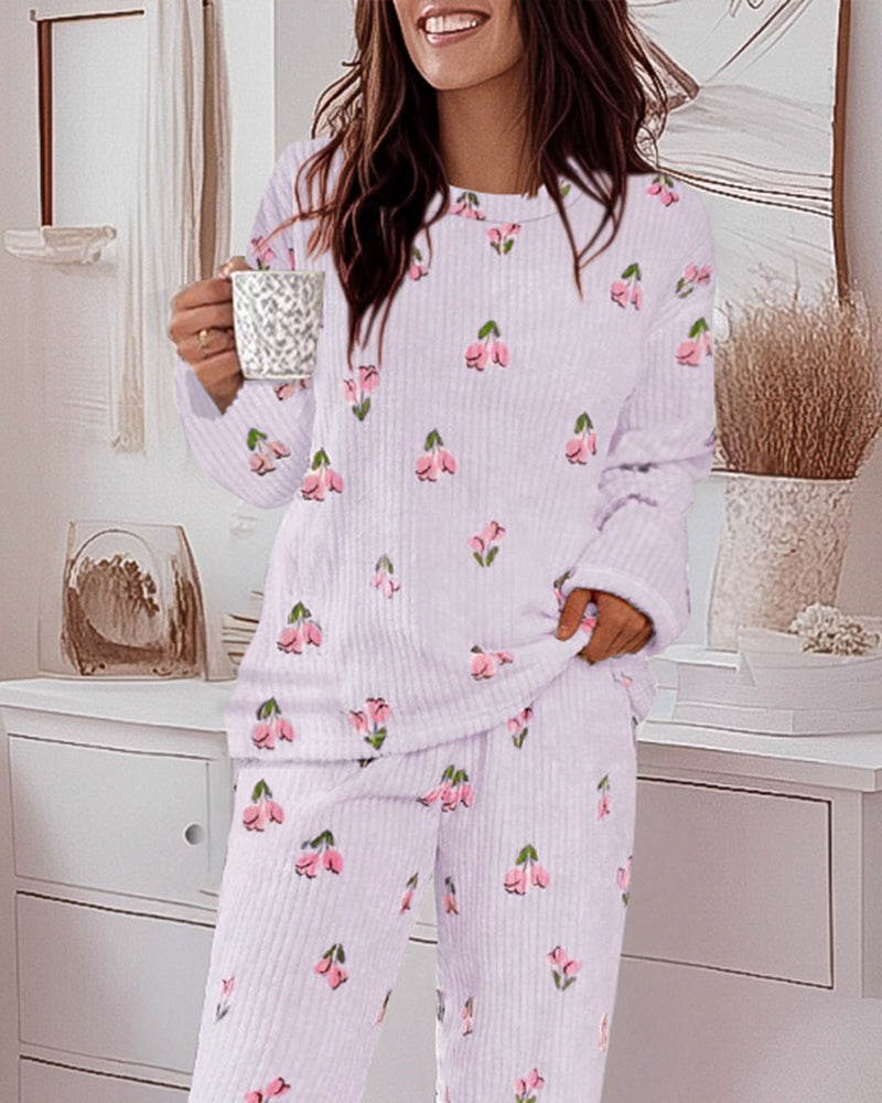 2 Pieces Outfit Floral Print Round Neck Drop Shoulder Top and Elastic Waist Pants Set Casual Ribbed Flannel Pajamas Set