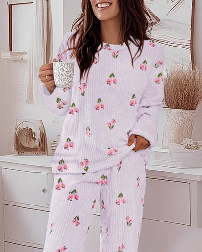 2 Pieces Outfit Floral Print Round Neck Drop Shoulder Top and Elastic Waist Pants Set Casual Ribbed Flannel Pajamas Set