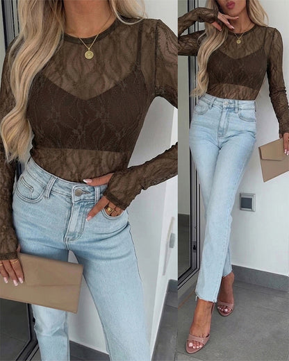 CHICMELIVE Lace Top Sheer Mesh Fitted Shirts for Women with Thumb Holes