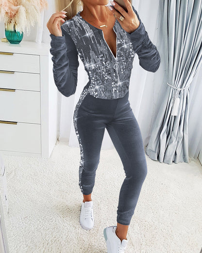 2 Pieces Outfit Contrast Sequin Ruched Long Sleeve Zip Up Coat and Elastic Waist Pants Set Casual Slim Fit Velvet Tracksuit
