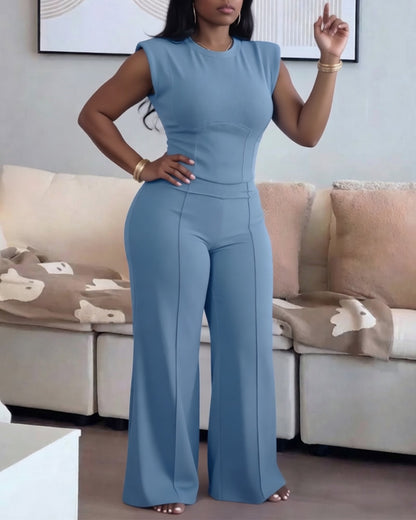 2 Pieces Outfit O-neck Sleeveless Padded Shoulders Cinched Waist Crop Top and Elastic Waist Seam Front Wide Leg Pants Set