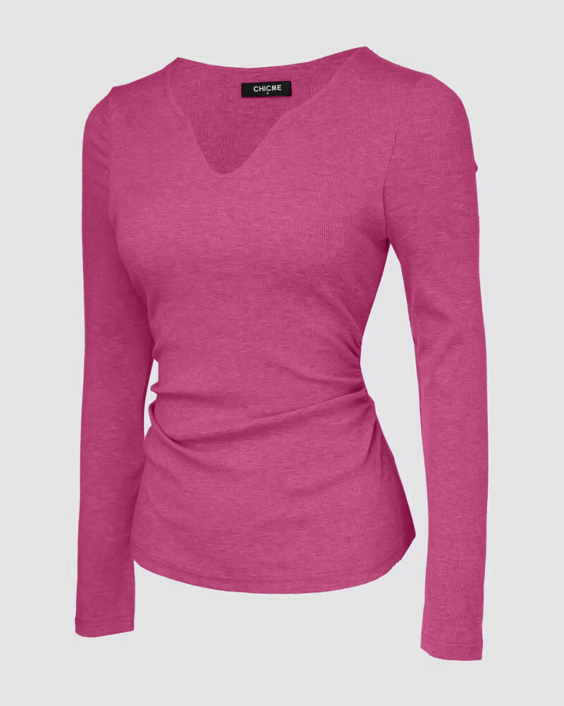 ChicMe Built-in Bra Notch Neck Long Sleeve Shirts Rib-Knit Ruched Waist Top