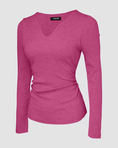 ChicMe Built-in Bra Notch Neck Long Sleeve Shirts Rib-Knit Ruched Waist Top