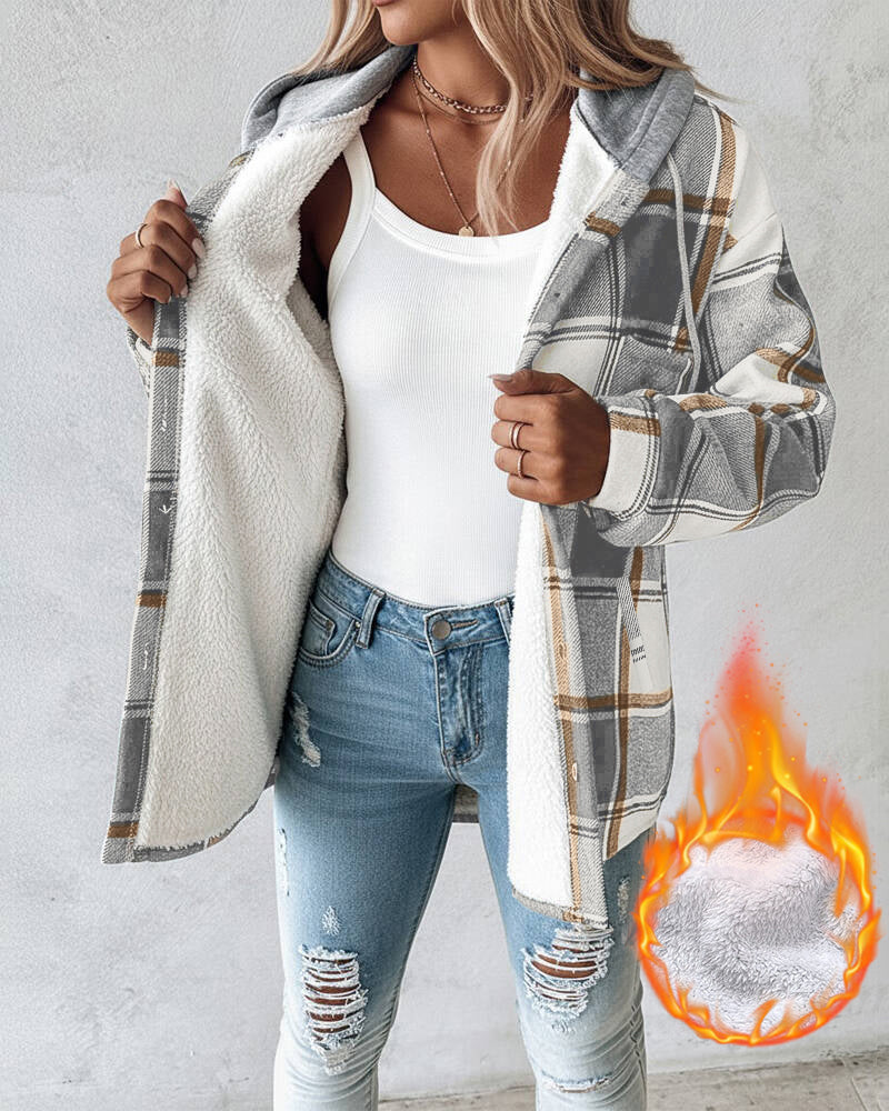 CHICMELIVE Womens Casual Jacket Plaid Hooded Fleece Lined Shacket