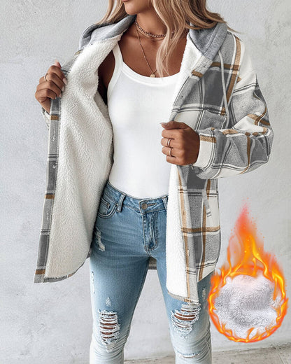 CHICMELIVE Womens Casual Jacket Plaid Hooded Fleece Lined Shacket
