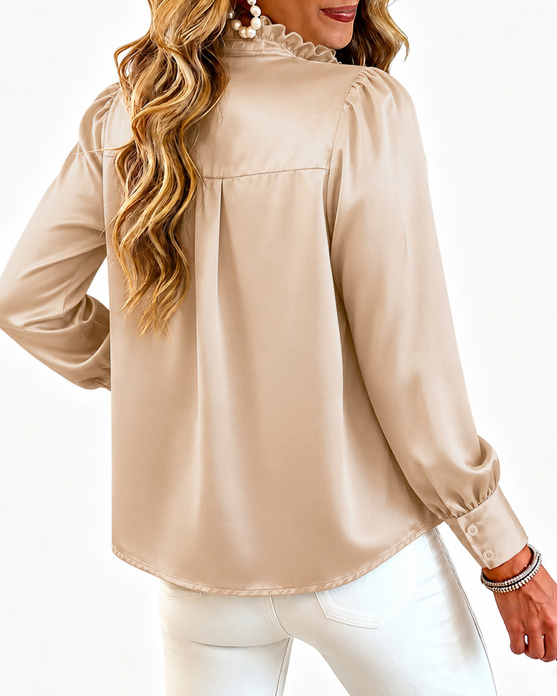 Women's Satin Frill Hem Blouse Long Sleeve Half Button Shirt Elegant Stand Collar Office Work Top