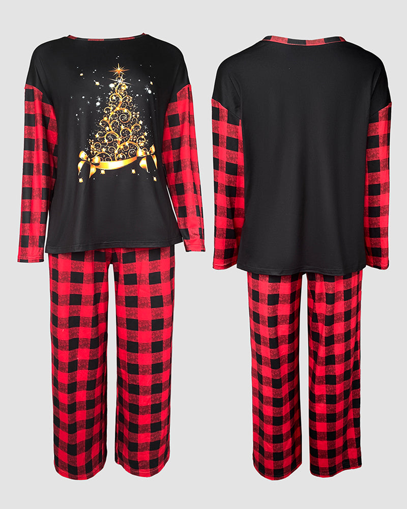 2 Pieces Outfit Christmas Tree Print Plaid Print Spliced Long Sleeve Top and Plaid Print Elastic Waist Pants Set Casual Pajamas Set